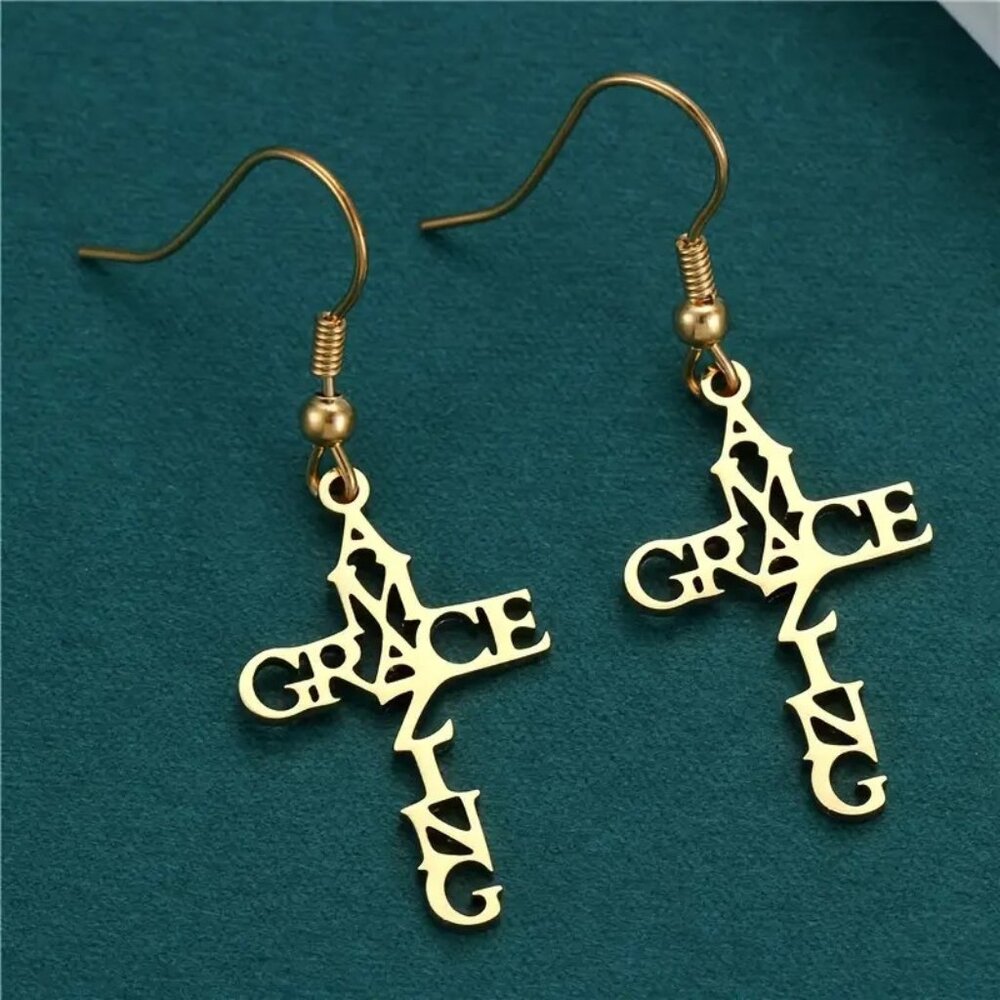 Stainless Steel Amazing Grace Cross Earrings - Gold, Christian Faith,‎ Church